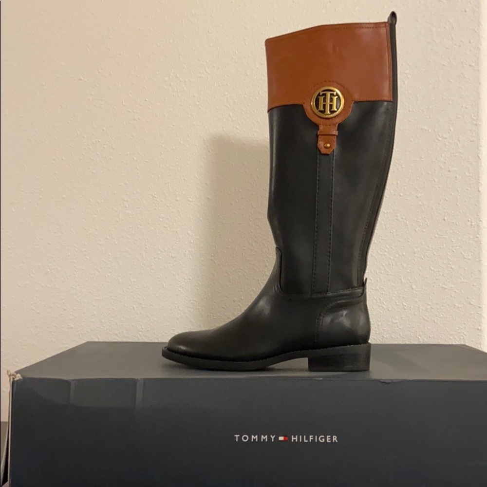 Tommy Hilfiger Black and Brown Leather Knee-High Riding Boots